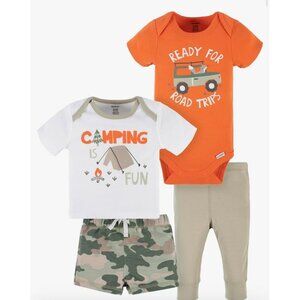Gerber Baby Boys Camping Fun 4-Piece Bodysuit Tee‎ Shorts & Pant Set NB Cotton